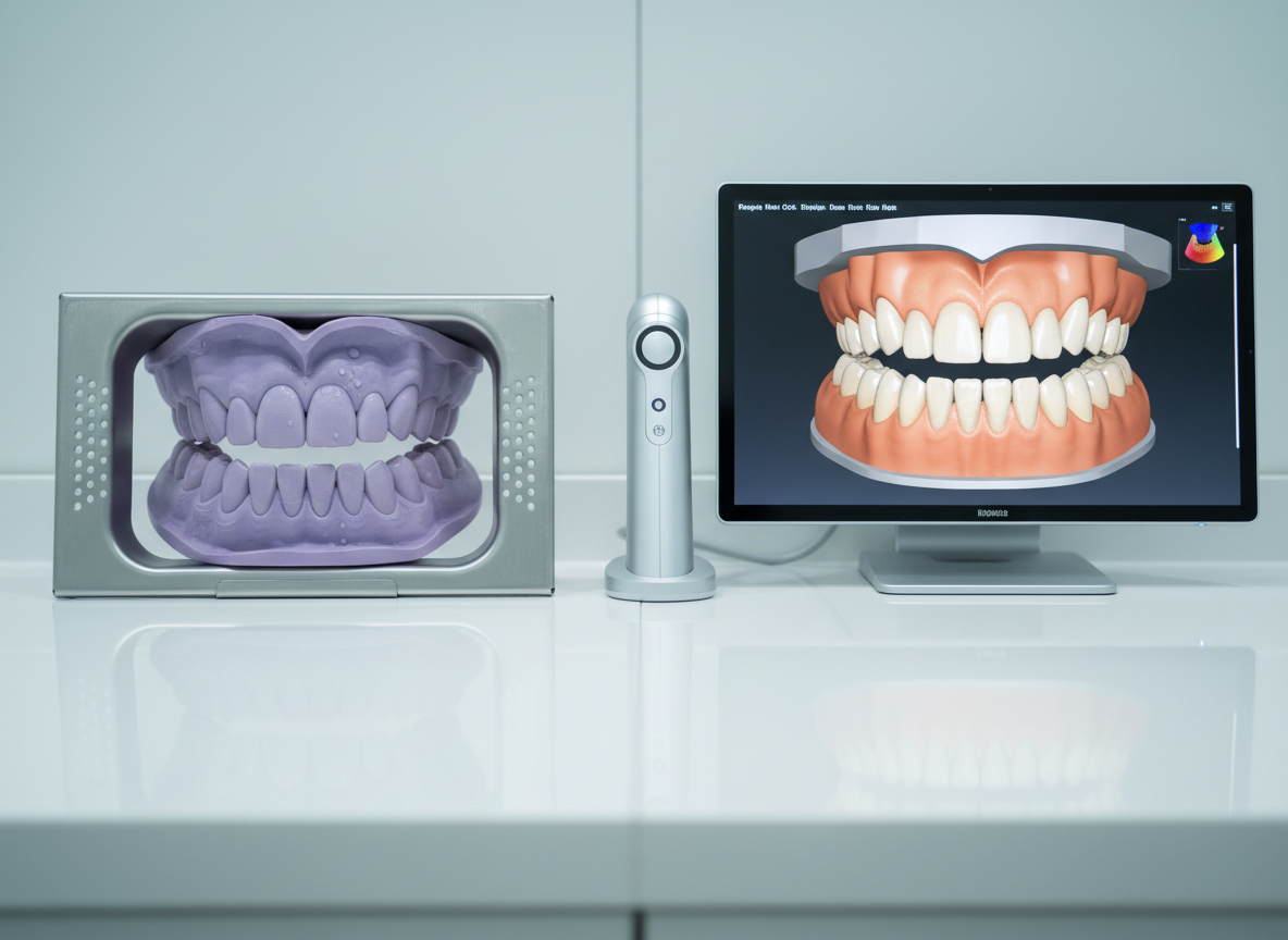 A carefully staged comparison of traditional dental impressions versus digital workflows, shown only with objects. On the left, a metal tray holds a silicone impression with visible tooth arch detail in muted lavender. On the right, a sleek intraoral scanner dock and a monitor displaying a vivid 3D model of the same arch in realistic enamel shades. Both rest on a seamless, glossy white counter, separated by a faint central line in the background to suggest transition. Cool, soft studio lighting evenly brightens the scene, with gentle reflections on the screen and scanner body. Photographic realism from a straight-on, eye-level perspective with moderate depth of field keeps both sides crisp. The mood is forward-looking and educational, highlighting the evolution from analog to digital in dentistry while staying clean, modern, and professional.