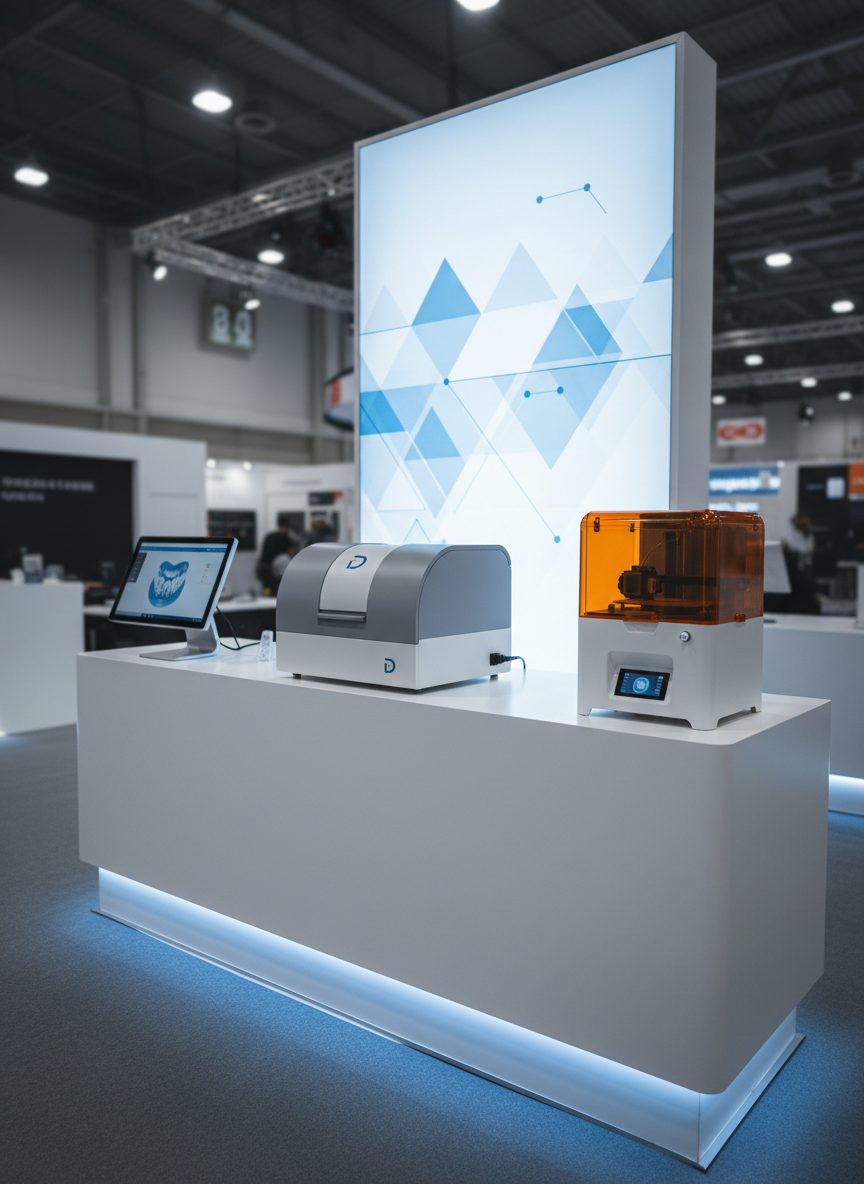 An elegant tabletop exhibit of branded dental CAD/CAM solutions arranged as if for a trade-show booth, without any people. A central milling unit with a minimal logo, a sleek all-in-one touchscreen terminal, and a compact 3D printer are positioned on a long, matte white podium with chamfered edges. Behind them, a tall, backlit panel with abstract blue and white geometric patterns suggests precision and digital integration. Subtle accent lighting from concealed LED strips under the podium and behind the panel produces a sophisticated glow, while neutral overhead lighting ensures accurate color reproduction. Captured in photographic realism from a low, slightly wide angle, the composition emphasizes the hardware’s presence against a softly blurred exhibition hall background. The atmosphere is polished, innovative, and confidently professional, ideal for showcasing a complete dental technology brand.