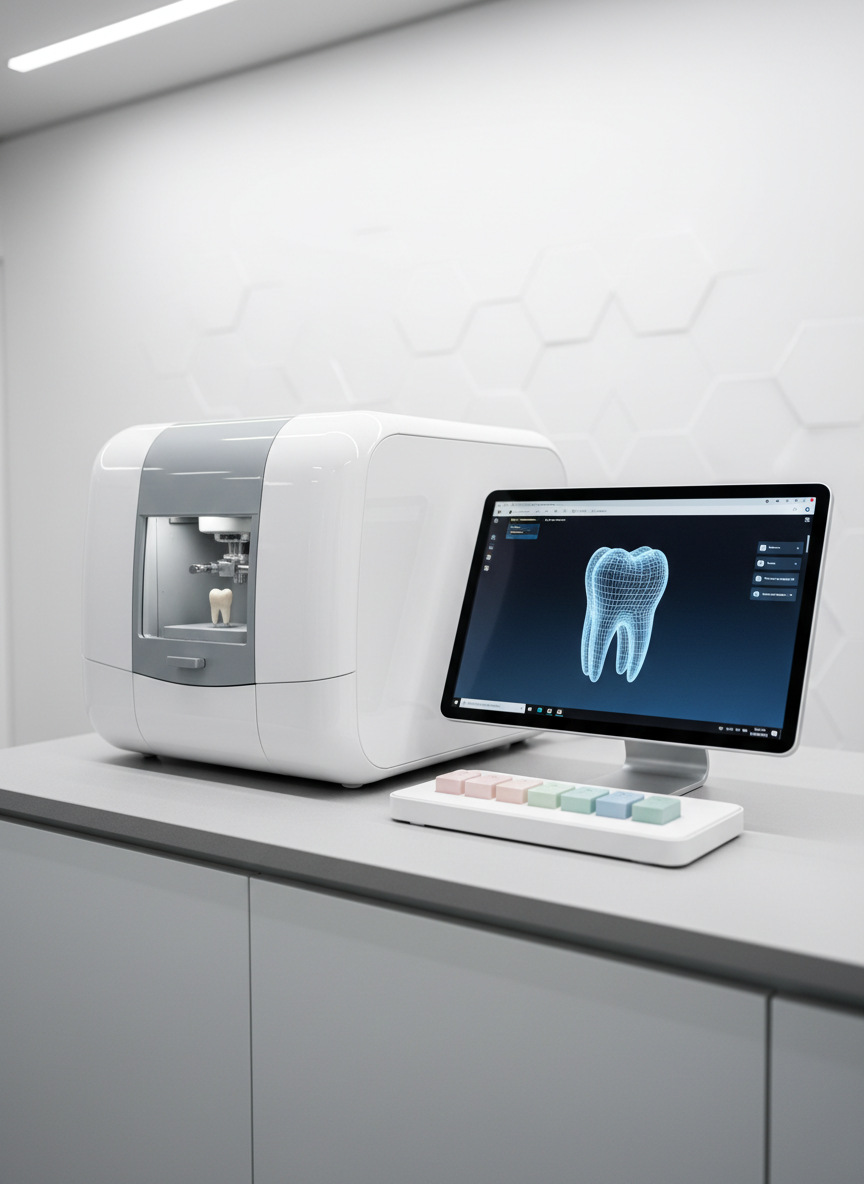 A sleek, modern dental CAD/CAM workstation featuring a glossy white milling unit, a high-resolution touchscreen displaying a 3D tooth model, and neatly arranged ceramic blocks in subtle pastel shades. The equipment rests on a clean, light-gray countertop with softly rounded edges, set against a minimalist white wall with a faint geometric pattern. Soft studio lighting from above and slightly to the side creates crisp reflections on the polished surfaces and gentle shadows that define the forms. Captured at eye level with a slight three-quarter angle in photographic realism, the composition follows the rule of thirds, with a shallow depth of field that keeps the workstation in sharp focus while the background fades into a gentle, professional blur, conveying precision, reliability, and cutting-edge technology.