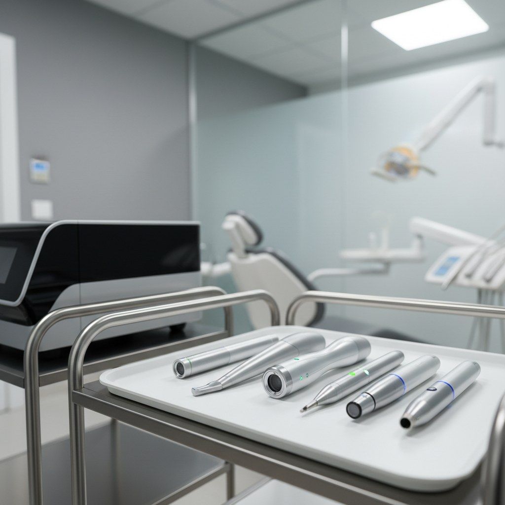 A compact cluster of advanced dental scanners and intraoral camera handpieces arranged on a matte white tray beside a pristine CAD/CAM unit. Each device has smooth, ergonomic curves, subtle metallic accents, and tiny status LEDs glowing soft blue and green. The tray sits on a brushed stainless steel cart in a bright, uncluttered clinical space, with cool-toned walls and a frosted glass panel in the background. Diffused overcast-style artificial lighting evenly illuminates the scene, minimizing harsh shadows and emphasizing clean surfaces. Photographic realism with a slightly elevated angle and shallow depth of field highlights the details of the scanners while creating a delicate bokeh from the blurred background equipment, reinforcing a calm, highly professional and hygienic atmosphere suited to digital dental workflows.