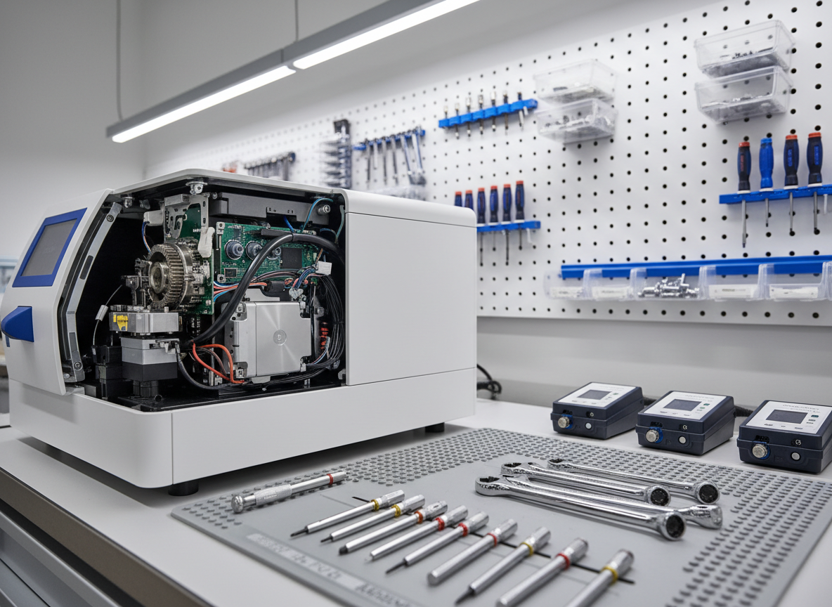 A neatly arranged service and maintenance setup for dental equipment, featuring an open CAD/CAM milling unit with its side panel removed, exposing clean internal components, wiring, and a compact motor. Next to it, an organized toolkit with precision screwdrivers, torque wrenches, and labeled diagnostic modules is laid out on a light gray rubber mat. The scene takes place in a dedicated service corner with a white pegboard wall holding additional tools and spare parts bins, all clearly structured. Neutral, diffused workshop lighting from multiple overhead LED strips creates balanced illumination and soft, functional shadows. Photographic realism with a slightly oblique angle and medium depth of field captures both the open unit and the tools clearly. The overall atmosphere communicates reliability, professionalism, and confidence in after-sales maintenance support for advanced dental technology.