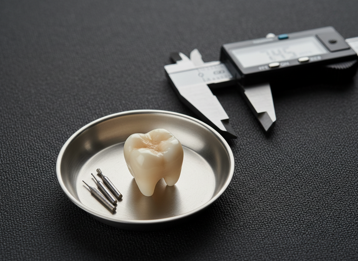 A close-up, macro-style view of a precisely milled ceramic crown resting in a small stainless steel dish beside a set of fine diamond burs and a digital caliper. The crown’s surface reveals lifelike translucency and finely detailed cusps, with a soft ivory shade that subtly transitions at the edges. The dish sits on a dark, finely textured anti-static mat, creating contrast that makes the light-toned materials stand out. Directed, focused studio lighting from the upper right creates crisp highlights along the polished contours and delicate shadows between tools, emphasizing micro-precision. Photographic realism with an extremely shallow depth of field keeps the crown and immediate tools razor-sharp while the background falls into a smooth blur. The mood is technical, meticulous, and premium, underscoring the accuracy and quality of digital dental restorations.