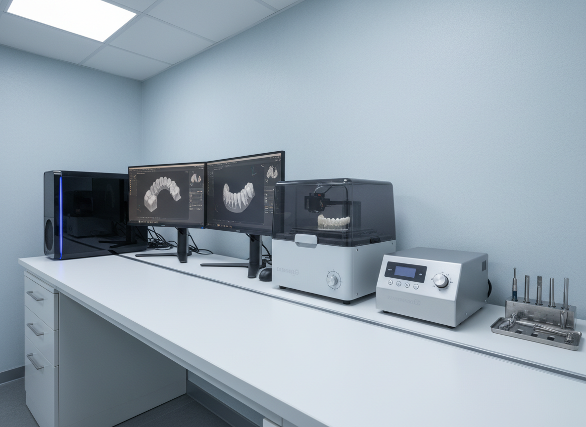The interior of a dedicated digital dental lab bench focusing solely on machines and instruments: a CAD workstation tower with understated LED accents, dual monitors displaying precise dental restorations, a compact 3D printer with a transparent smoked cover, and an ultrasonic cleaning unit with brushed metal controls. All equipment is arranged on a spacious, matte white work surface with integrated cable management, against a pale blue-gray wall that suggests clinical cleanliness. Cool, even LED panel lighting from above ensures consistent illumination with soft reflections and minimal glare. Captured in photographic realism from a wide, slightly elevated angle, the composition shows depth along the bench while keeping key equipment in sharp focus. The atmosphere is highly organized, efficient, and future-oriented, ideal for communicating a complete digital dentistry ecosystem without any human presence.