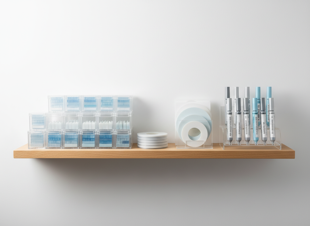 A meticulously organized display of dental materials used for CAD/CAM restorations, including translucent ceramic blocks, zirconia discs, and neatly labeled resin syringes in cool neutral tones. The materials sit on a smooth, light oak shelf with beveled edges, set against a soft white backdrop with a subtle gradient. Gentle side lighting from the left creates fine highlights on glossy packaging and satin textures on the ceramics, casting slender, well-defined shadows that add depth. The photographic composition uses an eye-level, straight-on view with symmetrical framing, keeping all items in sharp focus for maximum clarity. The mood is orderly and trustworthy, showcasing quality and variety while maintaining a clean, modern aesthetic aligned with professional dental technology branding.